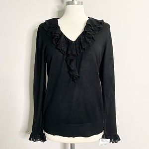 AUGUST SILK Long Sleeve Silk Blend Crocheted Lace Ruffle V-Neck Sweater Top